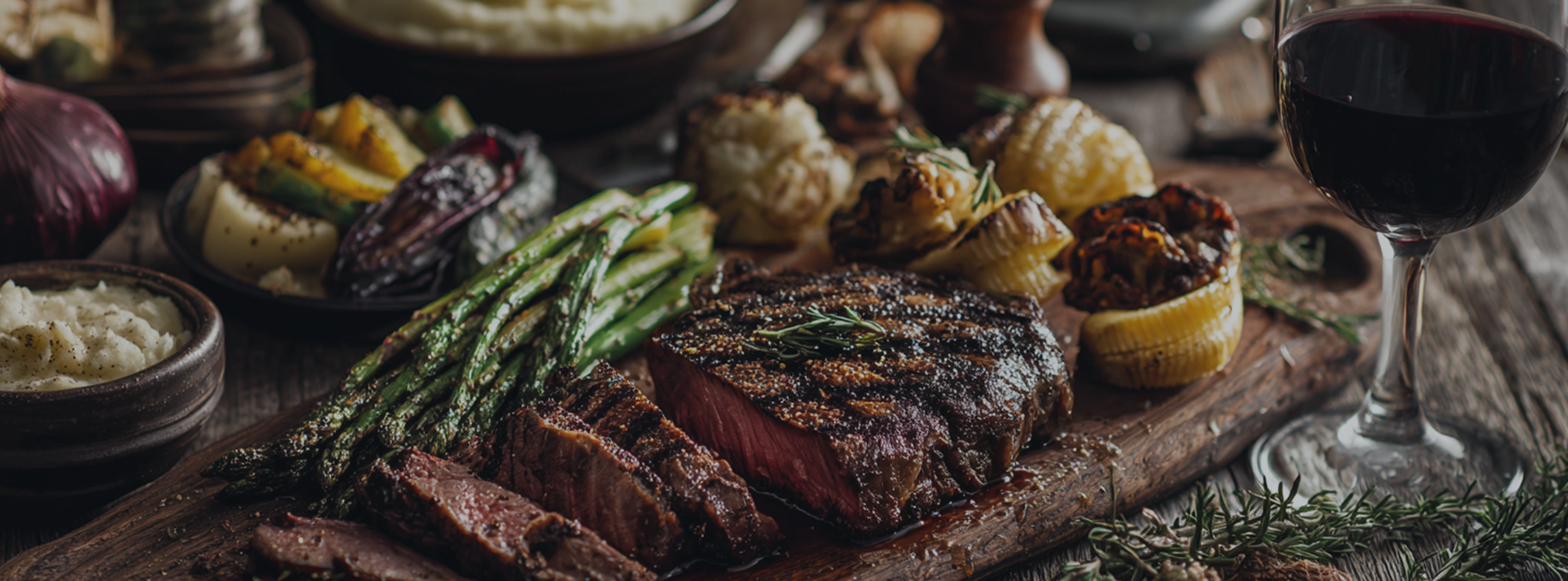 A steak dinner served with vegetables and wine